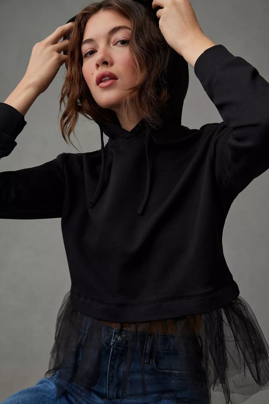 Anthropologie Pilcro Black Tulle-Hem Hoodie Whimsigoth Ballerina Size Medium